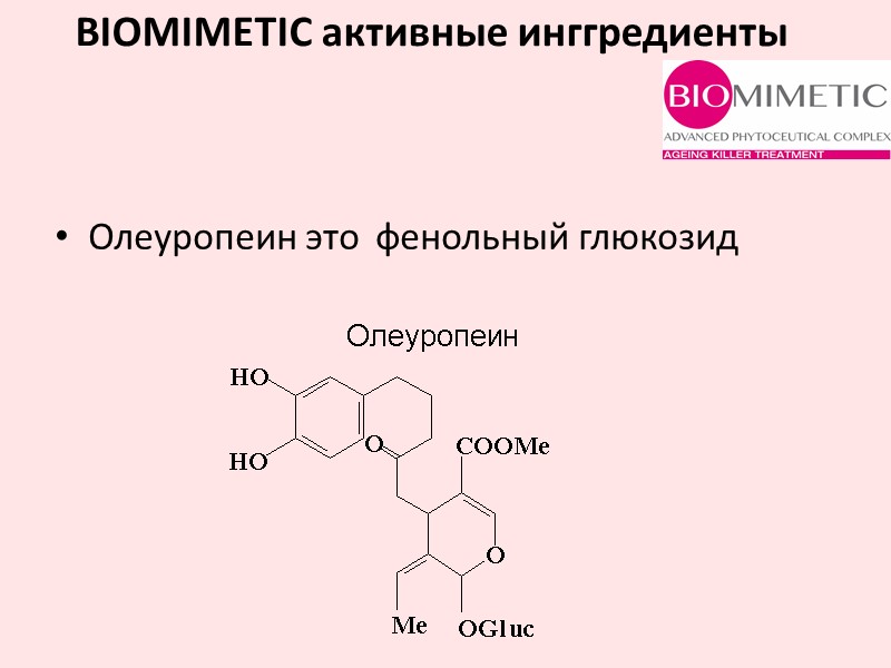 Олеуропеин это  фенольный глюкозид BIOMIMETIC активные инггредиенты